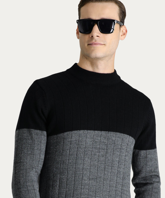 Black Crew Neck Slim Fit Narrow Cut Patterned Knit Sweater
